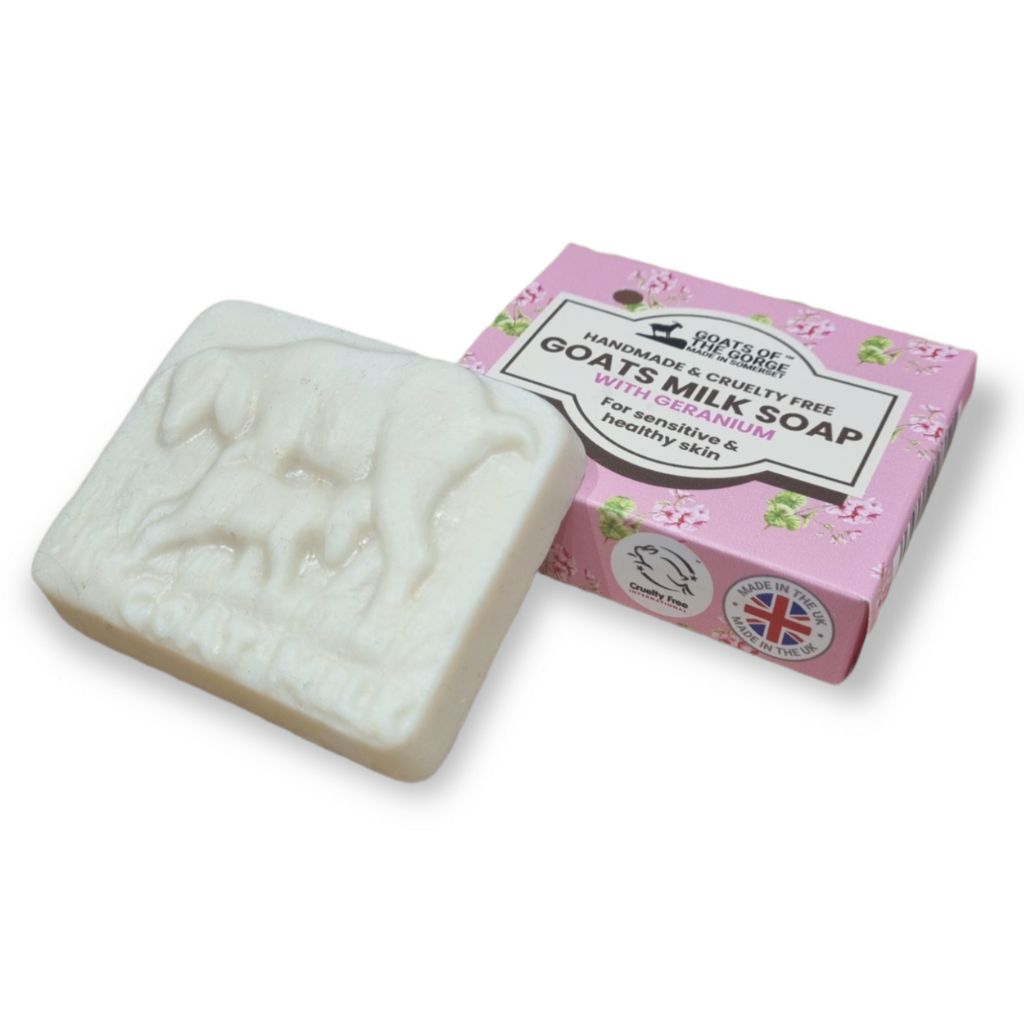 Goats of the Gorge Goats Milk Soap Bar with Geranium. Handmade in Somerset UK. On white background with cardboard box for packaging. biodegradable cardboard. High in Vitamin A and Retinol. For all skin types. natural and leaping bunny certified cruelty