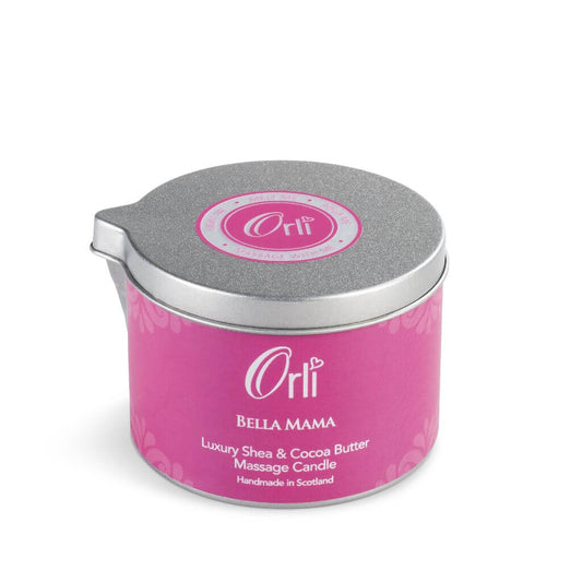 Orli Bella Mama Massage Candle in Aluminium tin. Violet, Raspberry, Vanilla, Plum, Freesia, Jasmine, Amber, and Musk. Handmade in Scotland. White Background.