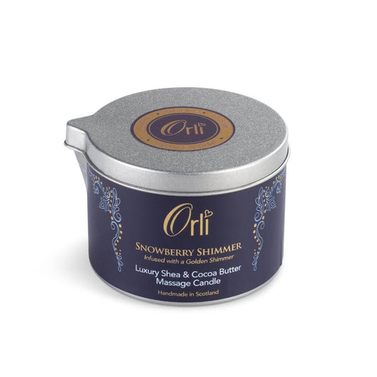 Orli Relax Therapy Massage Candle with aluminium tin. notes of Cranberry, Raspberry, Orange, Honey, Rose, Cedarwood, and Vanilla. Handmade in Scotland.