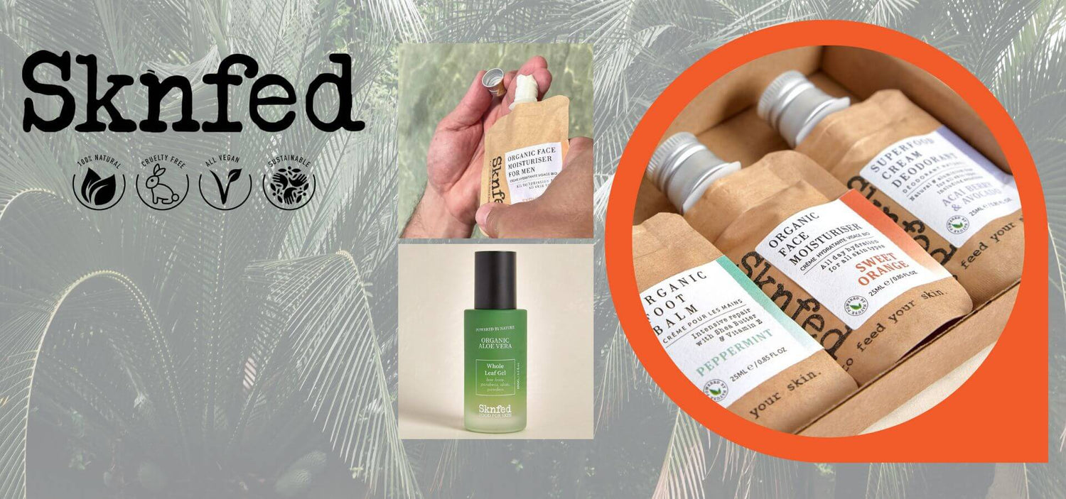 Sknfed Skincare Banner. Organic Skincare available at BotaniVie. Natural, Cruelty Free, All Vegan, Sustainable.