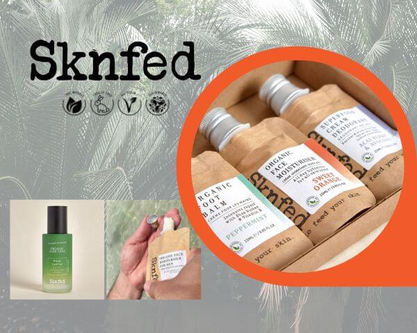 Sknfed Skincare Banner. Organic Skincare available at BotaniVie. Natural, Cruelty Free, All Vegan, Sustainable.
