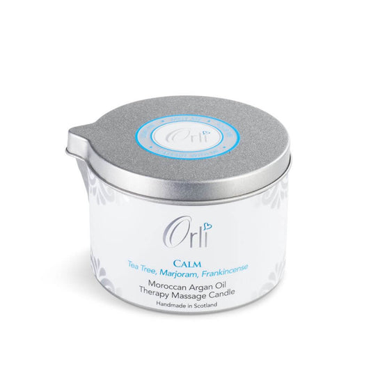 Orli Calm Therapy Massage Candle in Aluminium tin. Tea Tree, Marjoram, Frankincense. Moroccan Argan Oil Therapy Massage Candle. Handmade in Scotland. White Background.