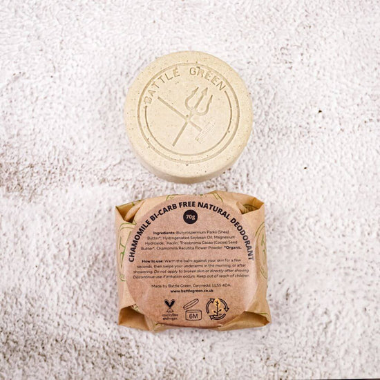 Battle Green Chamomile Vegan Natural Deodorant Bar. with biodegradable wrapping on show. bicarbonate of soda free. fragrance free.