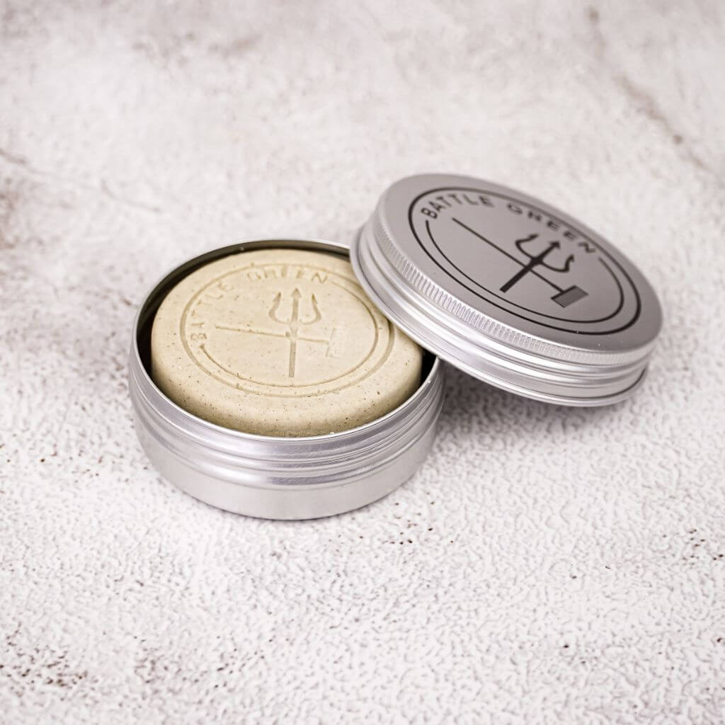Battle Green Chamomile Vegan Natural Deodorant Bar. in travel tin. the perfect way to store your deodorant bars safely, and for traveling.
