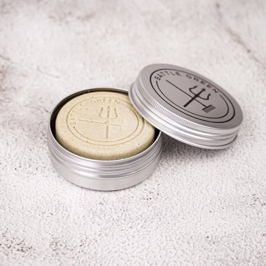 Battle Green Chamomile Vegan Natural Deodorant Bar. in travel tin. the perfect way to store your deodorant bars safely, and for traveling.
