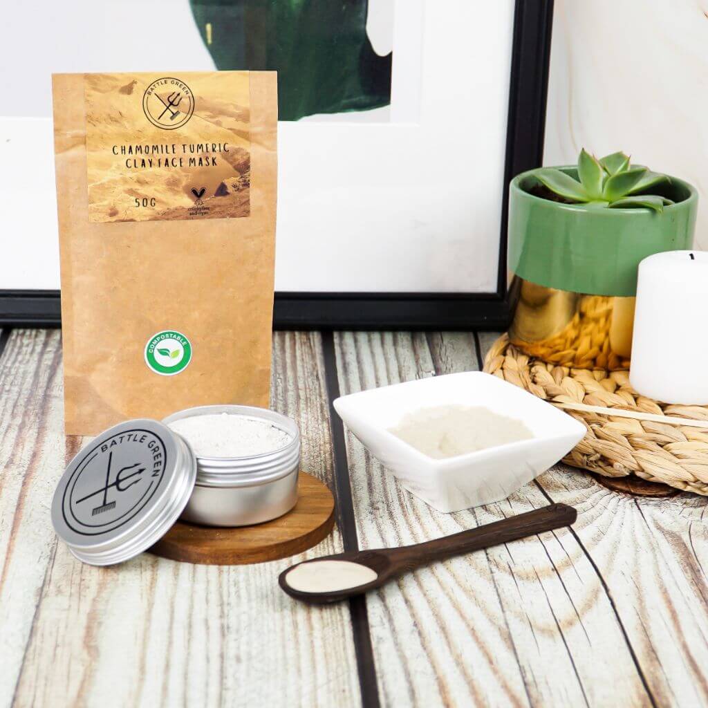 Battle Green Chamomile Turmeric Clay Face Mask. on display. great product for traveling. store in travel jar.