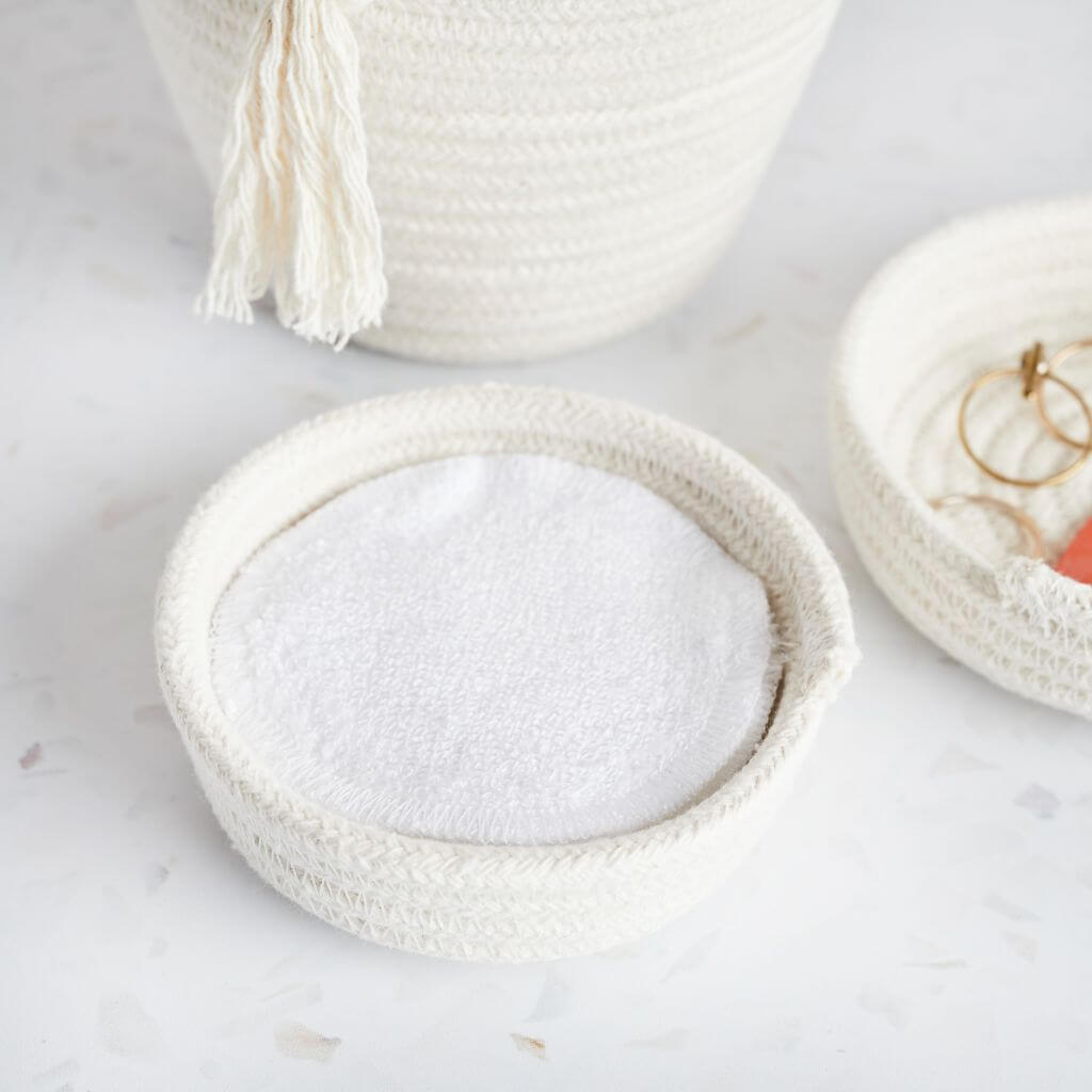 Tabitha Eve - Reusable Bamboo Make Up Pads Rounds - Set of 10. on display with cotton tray. Silky Smooth and zero-waste.