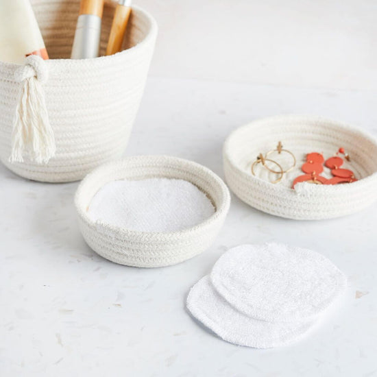 Tabitha Eve - Small Cotton EcoTwist Bowl. on display with make up rounds. perfect way to store your make up pads and jewelry safely and securely.