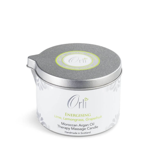 Orli Energising Therapy Massage Candle in Aluminium tin. Jojoba, Sweet Almond and Moroccan Argan Oil, scented with a special blend of Lime, Lemongrass and Grapefruit. Handmade in Scotland. White Background.