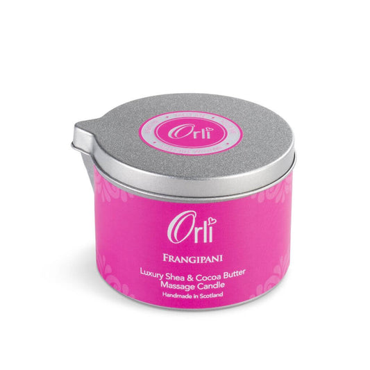 Orli Frangipani Massage Candle in Aluminium tin. Luxury Shea & Cocoa Butter Massage Candle. Handmade in Scotland. White Background.