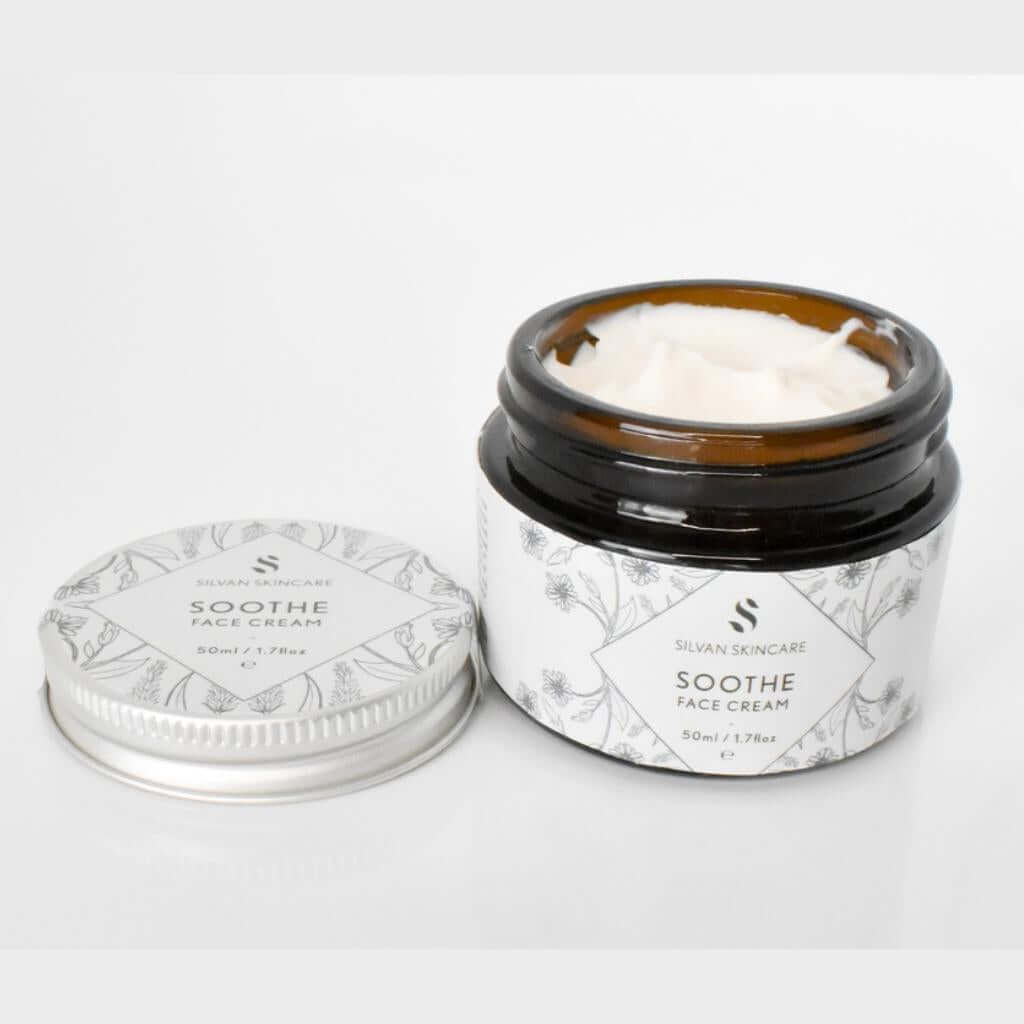 Silvan Skincare. Soothe Face Cream. 50ml. Glass jar with aluminium lid off a white background. Creamy texture. Vegan Skincare. Leaping Bunny Approved. Sensitive Skin designed.