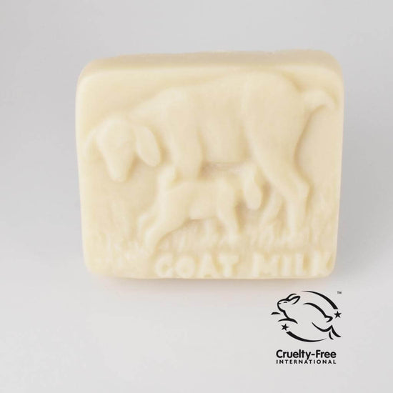 Goats of the Gorge. Goats milk and Geranium Soap. Single Bar. Upright on white background. Goats impression on soap. Leaping Bunny with Cruelty Free International certification registration.