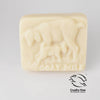 Goats of the Gorge. Goats milk and Geranium Soap. Single Bar. Upright on white background. Goats impression on soap. Leaping Bunny with Cruelty Free International certification registration.
