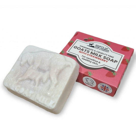 Goats of the Gorge Goats Milk Soap Bar with Strawberry. Handmade in Somerset UK. on white background with cardboard box for packaging. biodegradable cardboard. High in Vitamin A and Retinol. For all skin types. natural and leaping bunny certified cruelty