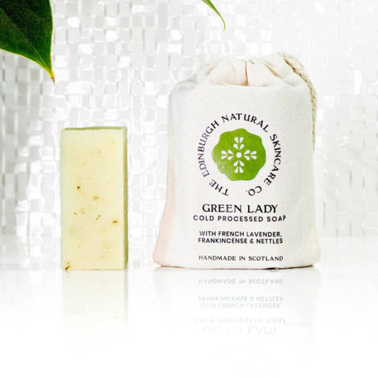 The Edinburgh Natural Skincare Co. Green Lady Cold Processed Soap. Cotton bag on display. Natural Product. Uniquely Scented