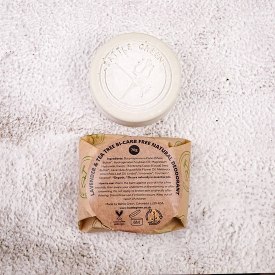 Battle Green Lavender & Tea Tree Vegan Natural Deodorant Bar. with biodegradable wrapping on show. bicarbonate of soda free. fragrance free.