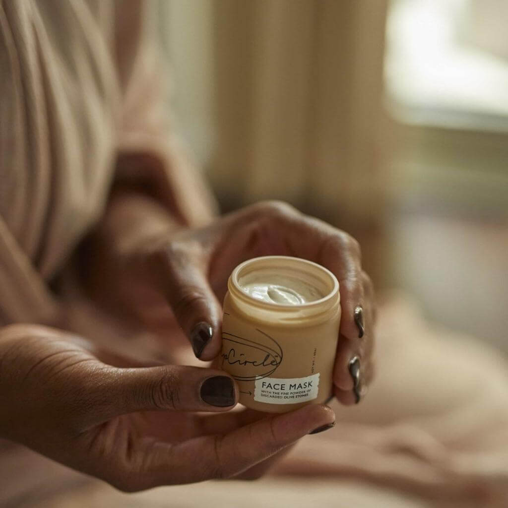 UpCircle - Kaolin Face Mask with lid off in the hand of a model. The product is white and can be clearly seen in the jar.
