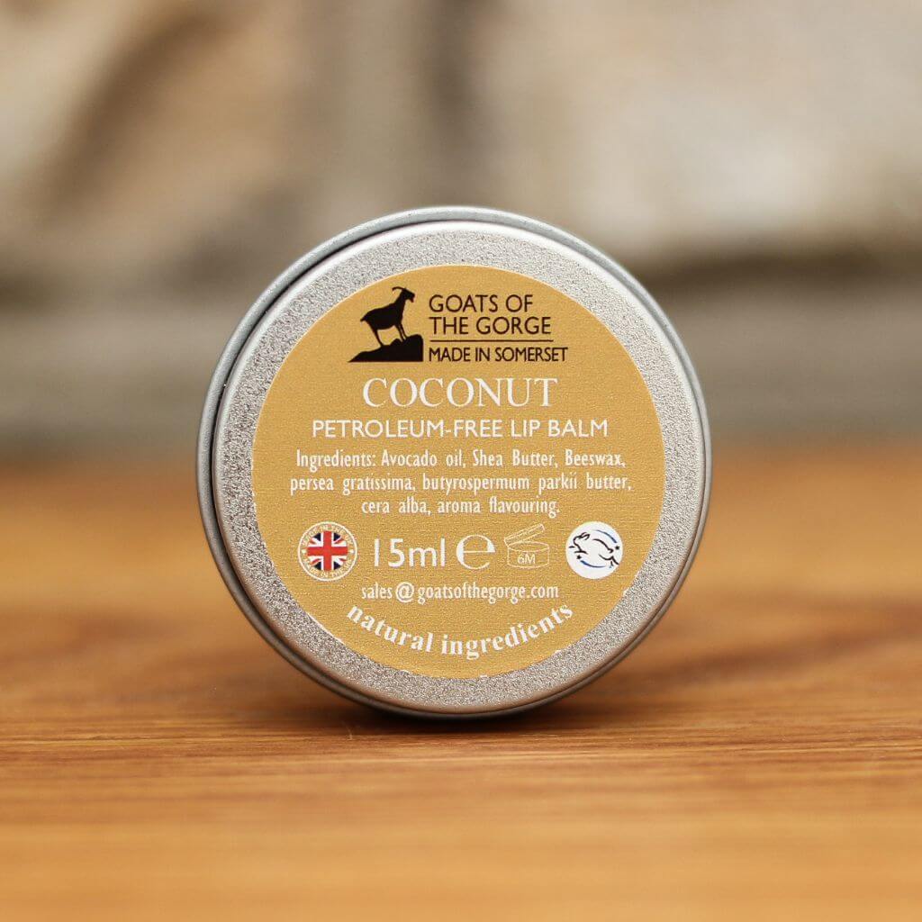 Goats of the Gorge Natural Lip Balm with Coconut. natural ingredients. Handmade in Somerset UK. Made for traveling and for placing in the handbag.