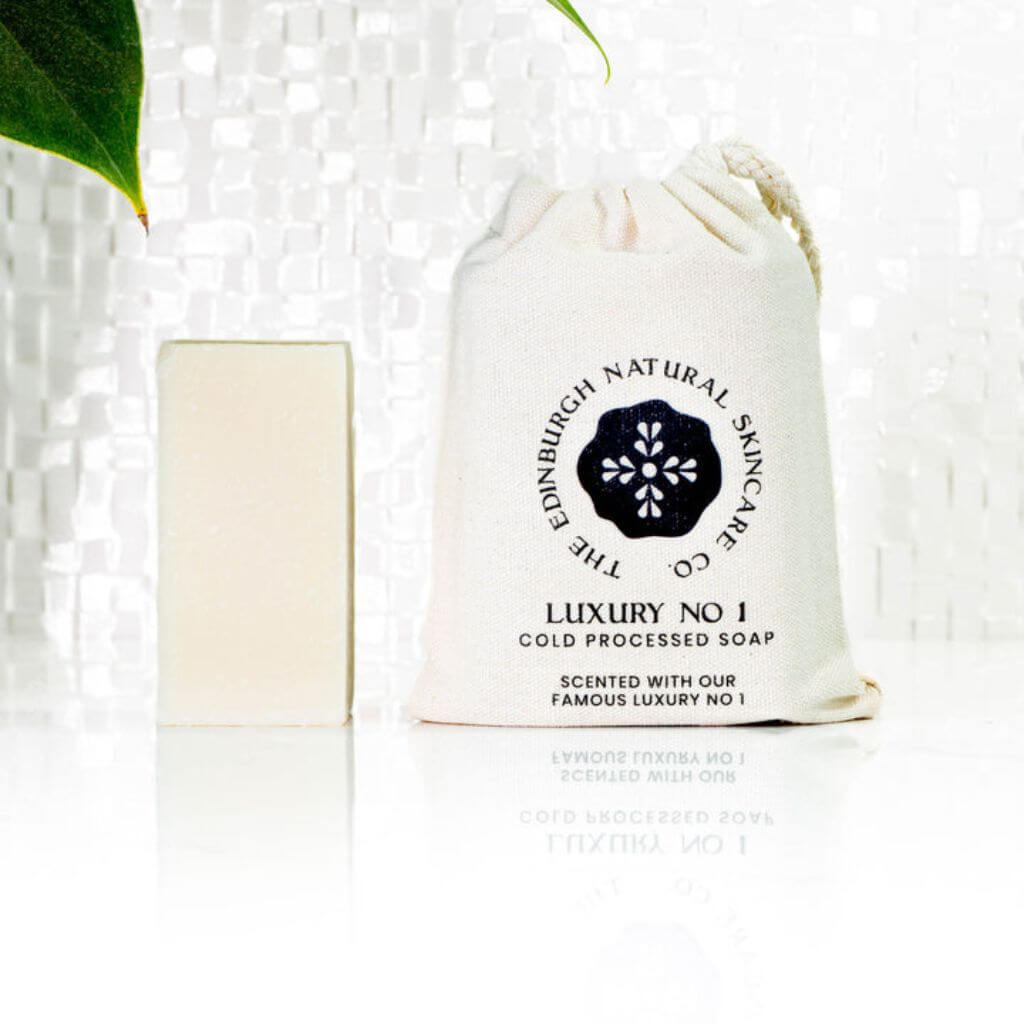 The Edinburgh Natural Skincare Co. Luxury No. 1 Cold Processed Soap. Cotton bag on display. Natural Product. Uniquely Scented