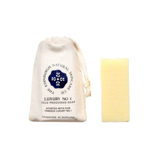The Edinburgh Natural Skincare Co. Luxury No. 1 Cold Processed Soap. With Cotton bag and Cold Processed Soap on display with white background.