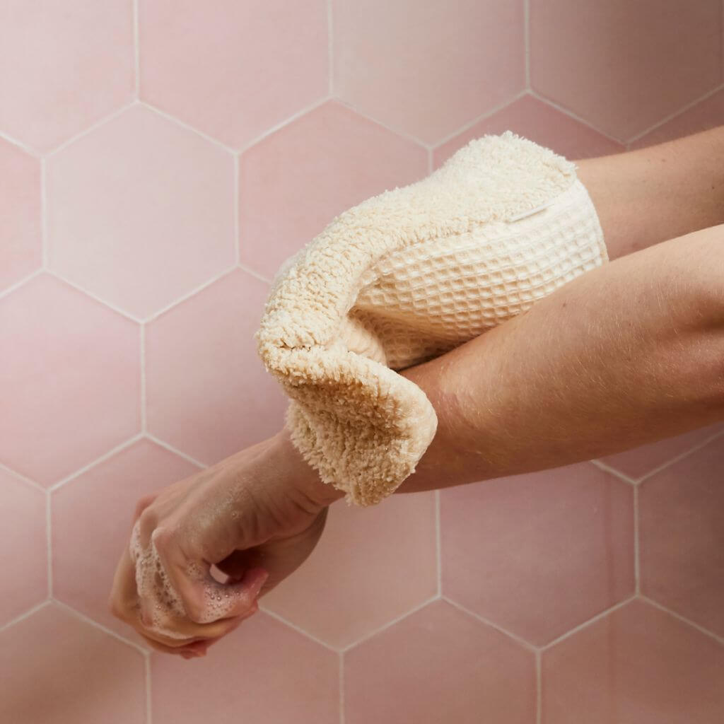 Tabitha Eve - Organic Cotton Shower Mitt. hand and arm scrubbing. cleaning with soap and water. bathroom accessory, biodegradable.