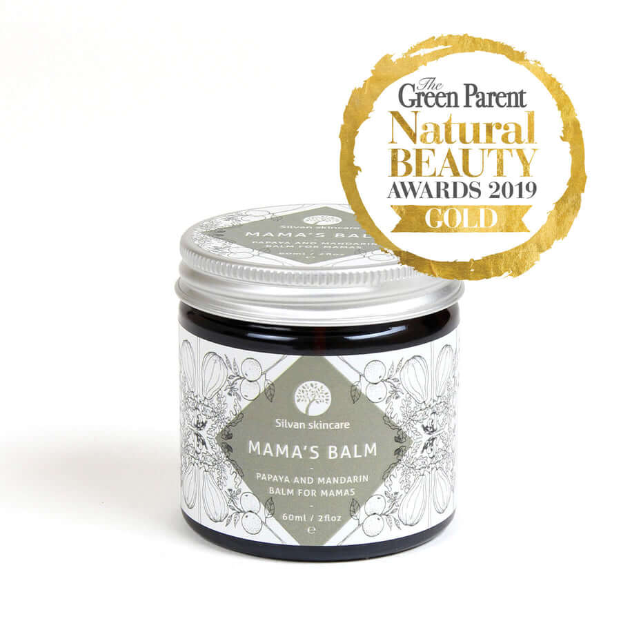 Silvan Skincare. Mama's Balm. papaya and Mandarin Balm for Mama's. 60ml. Glass Jar with Aluminium lid. On a white background. with awards. Winner 2019 The Green Parent Natural Beauty Awards GOLD. Perfect for Pregnancy and after child-birth.