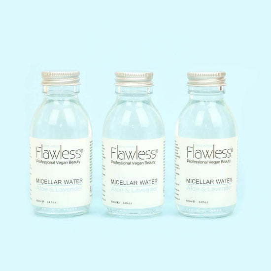 Flawless Professional Vegan Beauty Micellar Water - Aloe and Lavender. Glass jar three with aluminium lid on blue background.