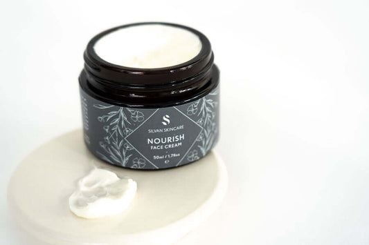Silvan Skincare. Face Cream. Nourish for Dry Skin. 50ml. Glass Jar with open top. Cream visible. On a white background. with award. Editors Choice, Beauty Shortlist Awards 2021.