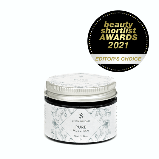 Silvan Skincare. Pure Face Cream. 50ml. Award Beauty Shortlist Awards 2021 Editors Choice. On a white background.