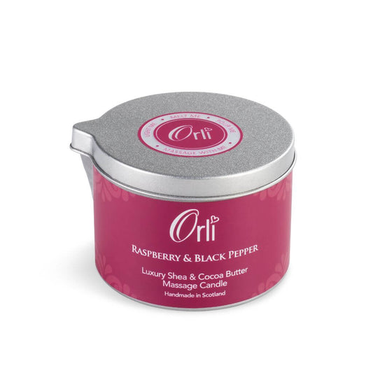 Orli Raspberry & Black Pepper Massage Candle in Aluminium tin. Luxury Shea & Cocoa Butter Massage Candle. Handmade in Scotland. White Background.