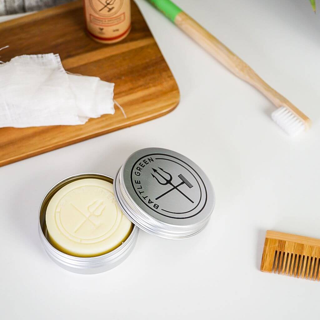 Battle Green Soap Travel Tin. fits perfectly with battle green soaps, shampoo and conditioner bars.