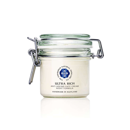 The Edinburgh Natural Skincare Co. Ultra Rich Anti-Ageing Face Cream Night Formula. With glass jar with white background.