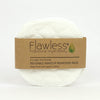 Flawless Professional Vegan Beauty Reusable Organic Cotton Makeup Remover Pads. on a white background.
