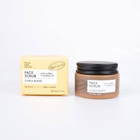 Upcircle Face Scrub Citrus Blend with Jar - Travel Size - and Cardboard Box fronts visable. Face Scrub made with repurposed coffee grounds. With a white background
