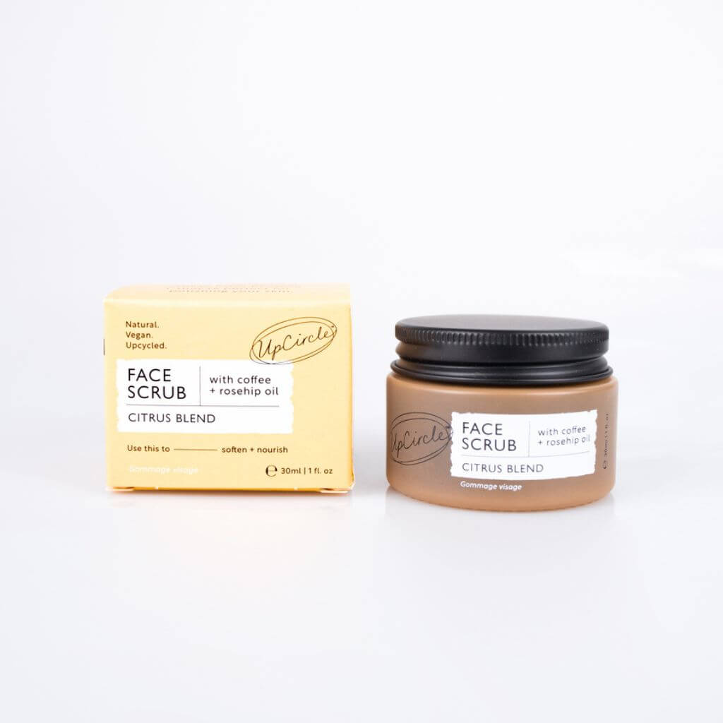 Upcircle Face Scrub Citrus Blend with Jar - Travel Size - and Cardboard Box fronts visable. Face Scrub made with repurposed coffee grounds. With a white background
