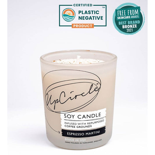Upcircle Espresso Martini Natural Soy Candle with Award and plastic negative certification. Natural Soy Candle. White Background. Vegan with infused coffee grinds and vanilla.