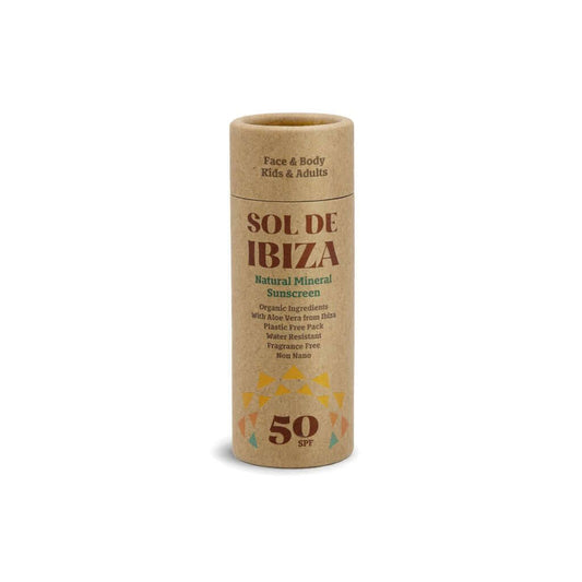 Sol de Ibiza Face & Body Plastic Free Stick SPF50 Sun cream. Cardboard tube. Natural, recyclable, vegan, cruelty free sun protection for all skin types, and adults and children. on white background.