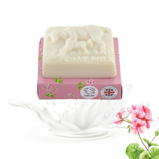 Goats of the Gorge Goats Milk Soap Bar with Geranium. Handmade in Somerset UK. On white background with cardboard box for packaging. biodegradable cardboard. High in Vitamin A and Retinol. For all skin types. natural and leaping bunny certified cruelty 