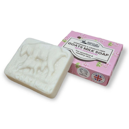 Goats of the Gorge Goats Milk Soap Bar with Geranium. Handmade in Somerset UK. On white background with cardboard box for packaging. biodegradable cardboard. High in Vitamin A and Retinol. For all skin types. natural and leaping bunny certified cruelty 