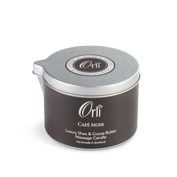 Orli Cafe Noir Massage Candle in Aluminium tin. Scent of dark roasted coffee beans, Vanilla, and Cocoa. Handmade in Scotland. White Background.