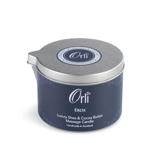 Orli Eros Massage Candle For Men in Aluminium tin. citrus fruits, mint, and a base of cedarwood, sandalwood, vanilla, and musk. Handmade in Scotland. White Background. One Million by Paco Rabanne
