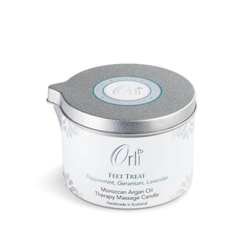 Orli Feet Treat Therapy Massage Candle in Aluminium tin. Cocoa and Shea Butters, Jojoba, Sweet Almond, and Argan Oils. Handmade in Scotland. White Background.