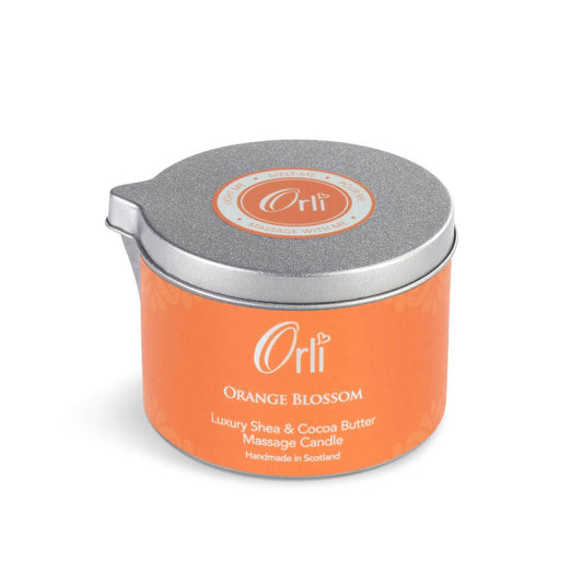 Orli Orange Blossom Massage Candle with aluminium tin. with therapeutic botanical oils and butters. Handmade in Scotland.