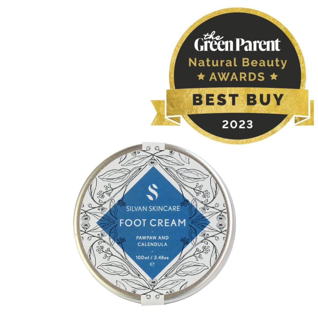 Silvan Skincare. Foot Cream. Award The Green Parent Natural Beauty Awards Best Buy 2023. Foot Cream with Pawpaw and Calendula. 100ml. Aluminium tin and lid. On a white background. Vegan Certified. Cruelty Free Certified. Leaping Bunny Approved.