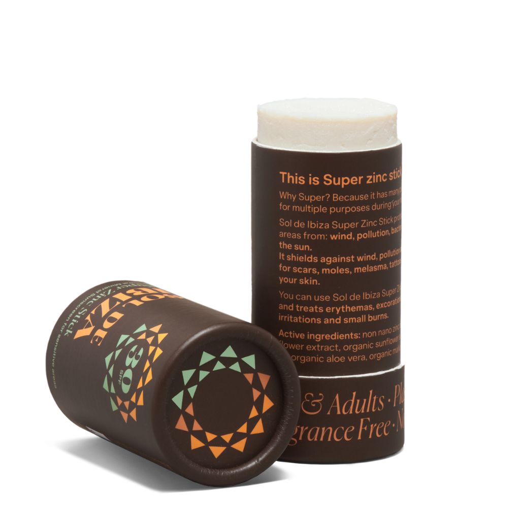 Sol de Ibiza Face & Body Plastic Free Stick Zinc SPF30 Sun screen. Cardboard tube. Natural, recyclable, vegan, cruelty free sun protection for all skin types, adults and children. on white background with lid off.