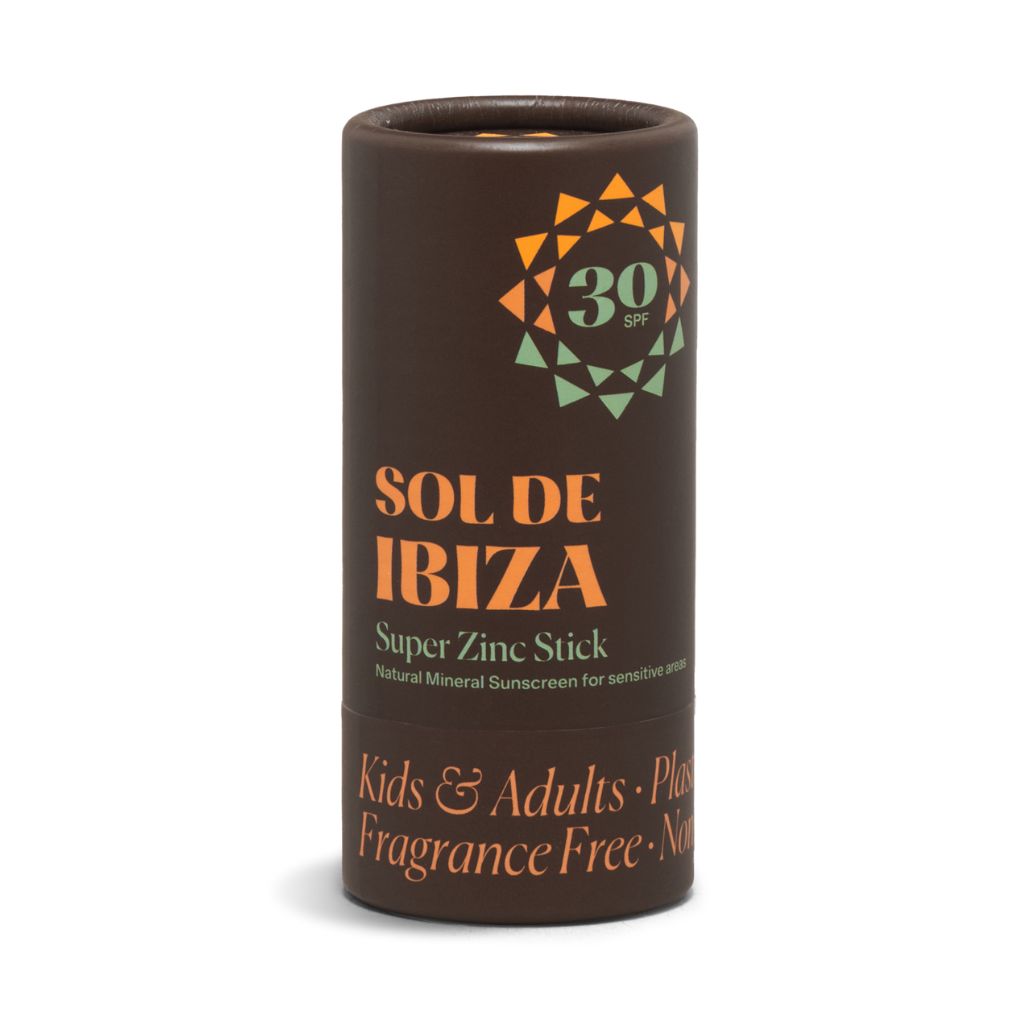 Sol de Ibiza Face & Body Plastic Free Zinc Stick SPF30 Sun cream. Cardboard tube. Natural, recyclable, vegan, cruelty free, sun protection for all skin types, adults and children. on white background.