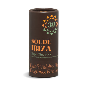 Sol de Ibiza Face & Body Plastic Free Zinc Stick SPF30 Sun cream. Cardboard tube. Natural, recyclable, vegan, cruelty free, sun protection for all skin types, adults and children. on white background.