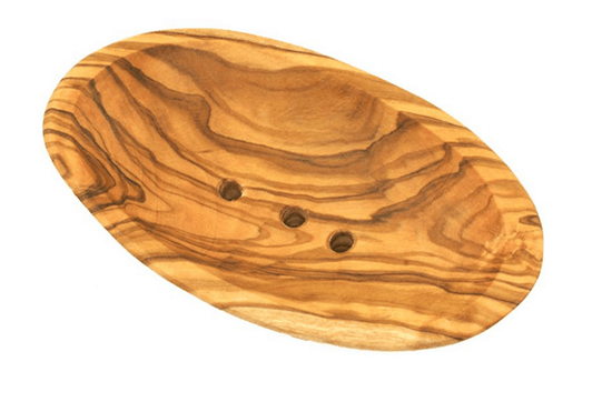 Olive Wood Oval Soap Dish with Mediterranean olive wood. made in Europe. engineered with a hand finish.