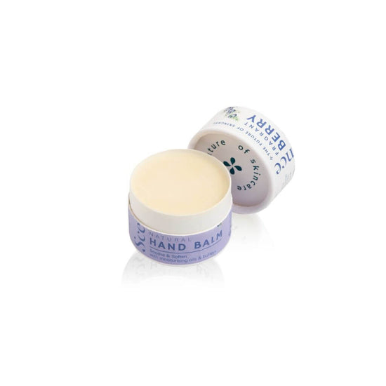 Scence Fragrant Berry Natural Solid Hand Balm. Lid Off on White Background. Scoop a small amount out and use to moisturise your hands. Perfect for Dry Skin. Wonderful Scent.