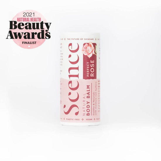 Scence Perfect Rose natural solid Body Balm. 2021 Award Finalist Natural Health Beauty Awards. White Background. Plastic Free. Compostible Cardboard Packaging